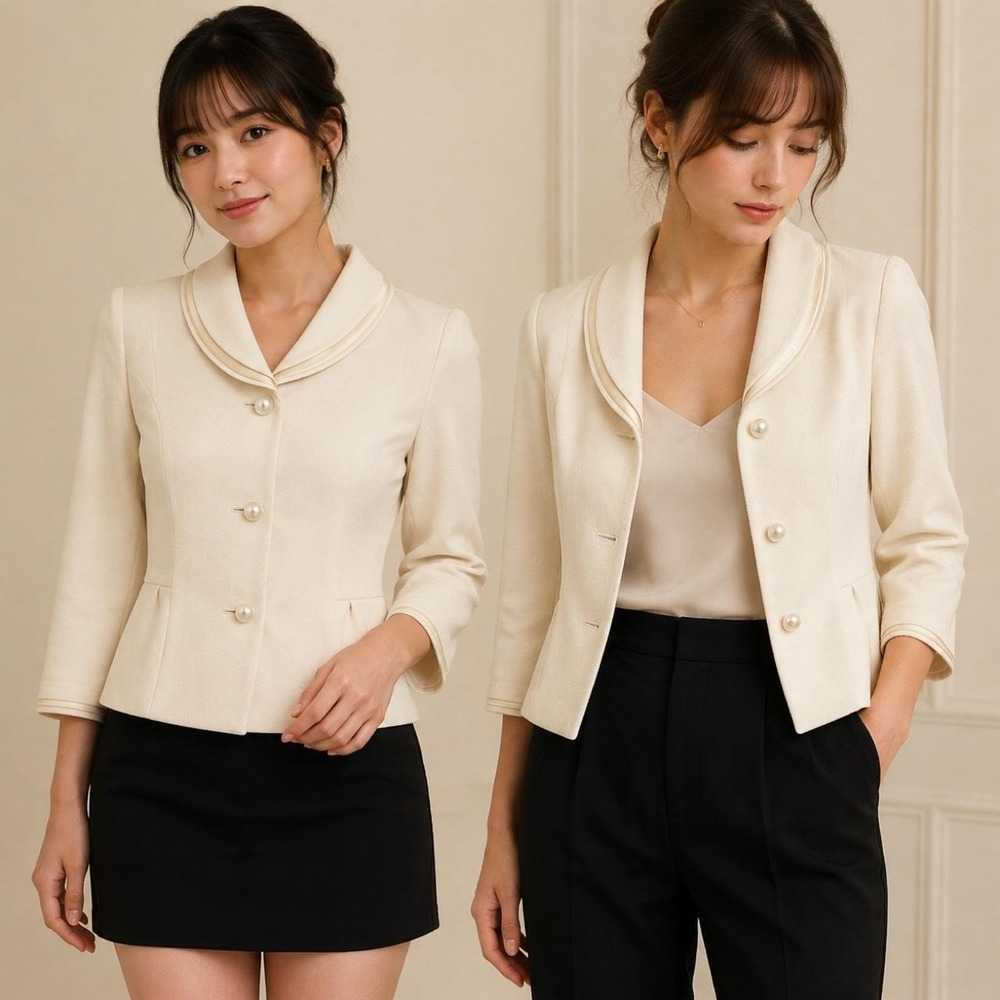 NAFNAF Paris Korean 85 Est XS Ivory Pearl Button Peplum Jacket French Girl Work